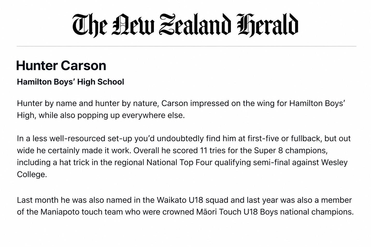 NZ Herald article excerpt featuring Carson Hunter